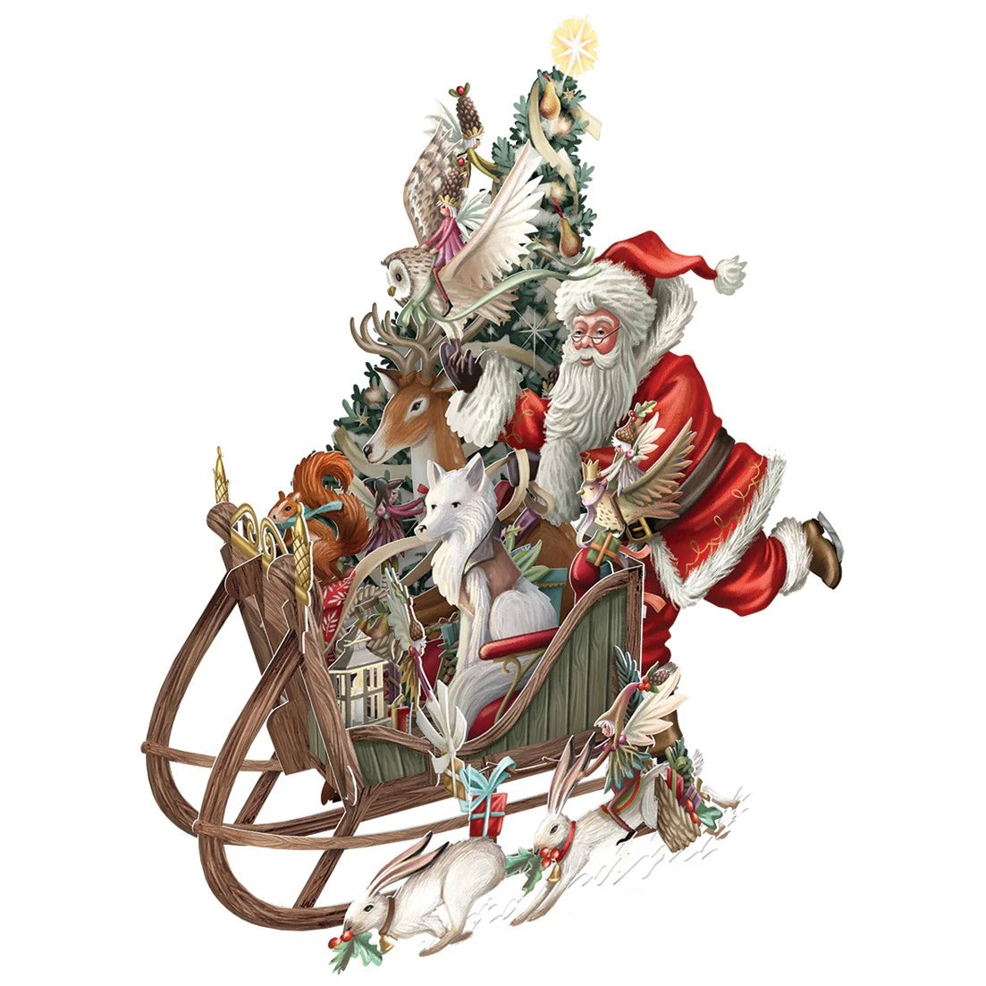 Skating Santa with Sleigh and Woodland Animals 3D Christmas Card