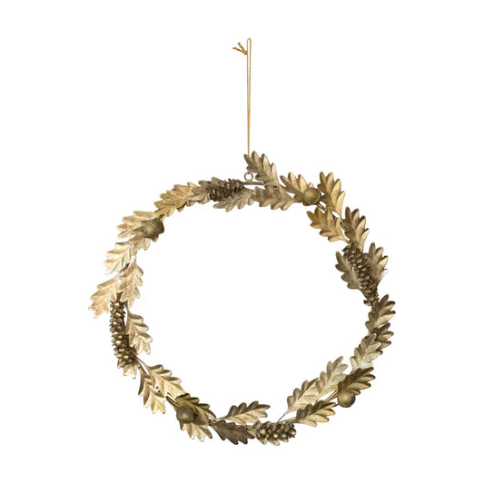 Metal Oak Leaves, Pinecones & Acorns Wreath, Antique Gold Finish