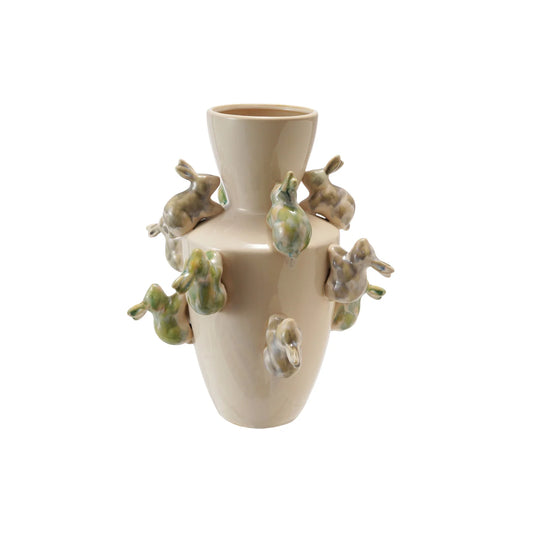 Stoneware Vase with 3D Rabbits Reactive Glaze