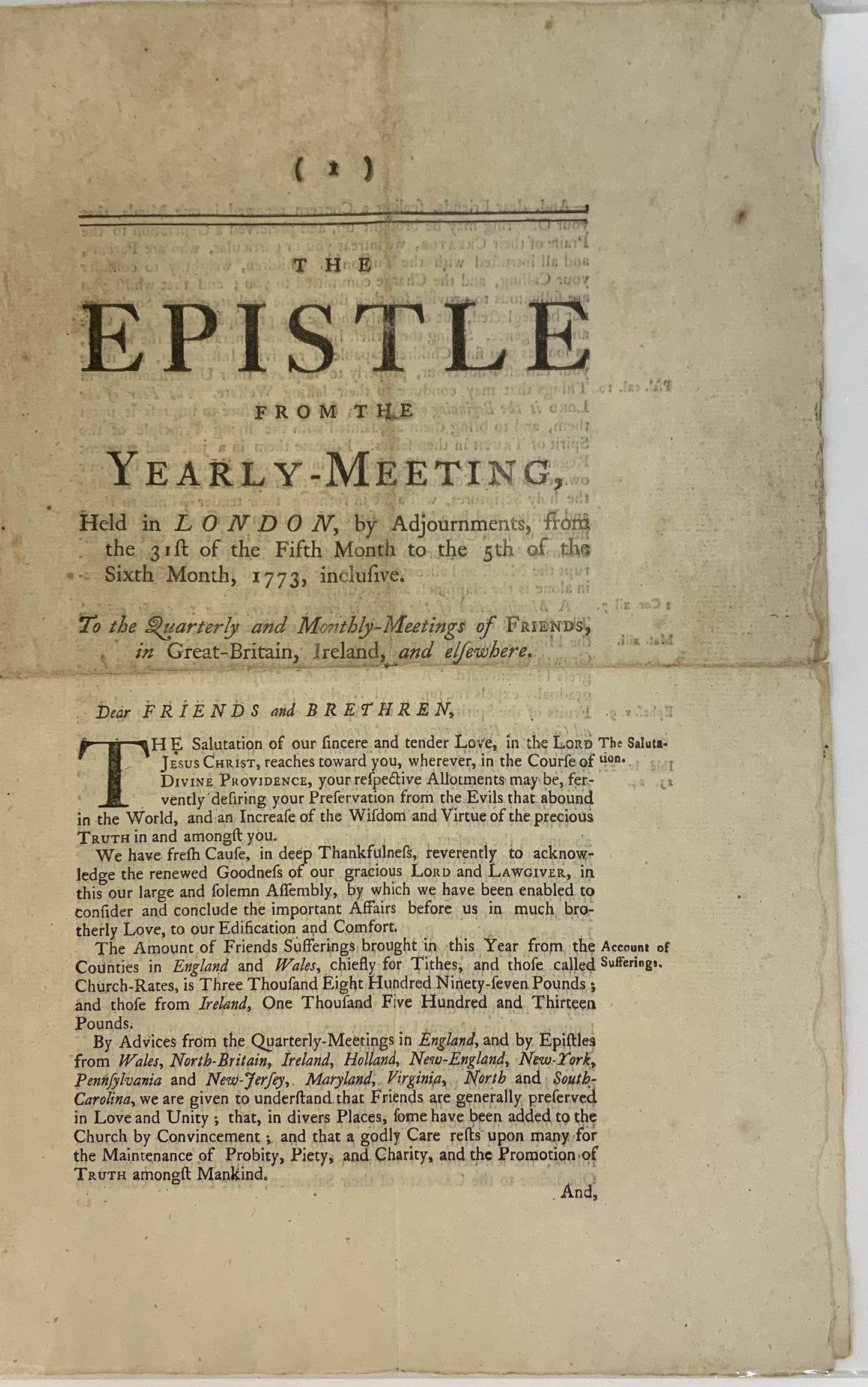 The Epistle from the Yearly-Meeting, held in London, by adjournments, from the 31st of the fifth month, to the 5th of the sixth month 1773, inclusive. To the quarterly and monthly meetings of friends in Great-Britain, Ireland, and elsewhere