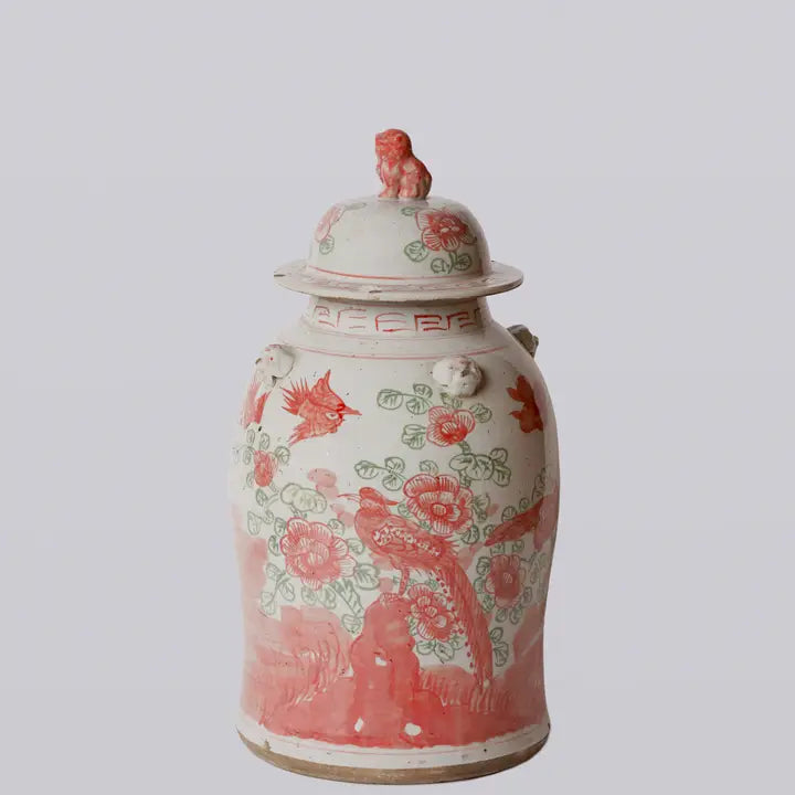 Pink and Green Porcelain Bird and Flower Temple Jar