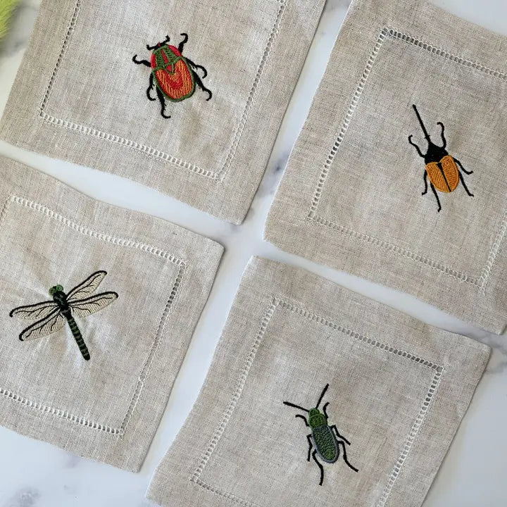 Insect Embroidered Cocktail Napkins, Set of Four