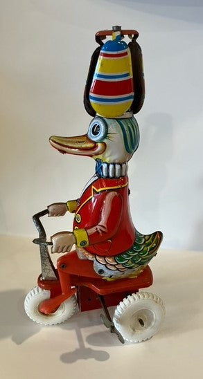 Vintage West Germany Wind Up Duck Riding Tricycle Tin Litho Toy