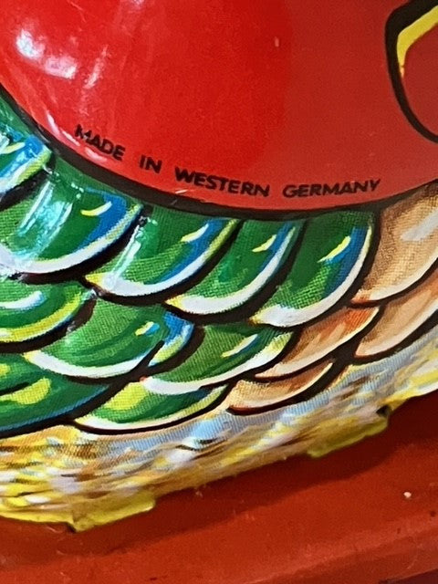 Vintage West Germany Wind Up Duck Riding Tricycle Tin Litho Toy