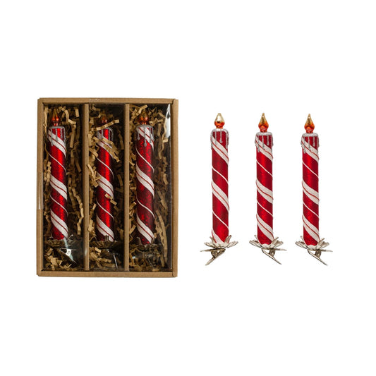 Glass Candle Clip-on Ornaments with Glitter, Red & White Boxed Set of 3