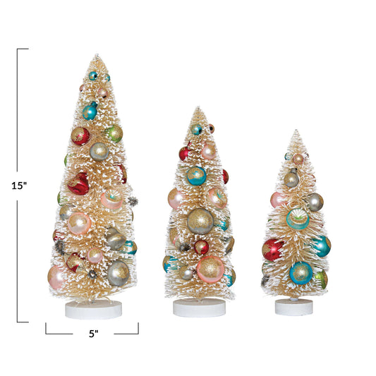 Sisal Bottle Brush Trees with Multi Color Ornaments & Wood Base Small