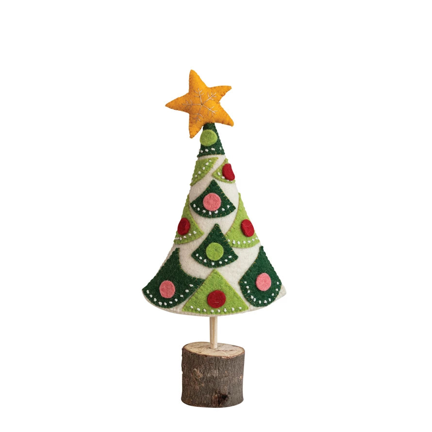 Handmade Wool Felt Tree with Star, Applique, Embroidery & Wood Slice Base