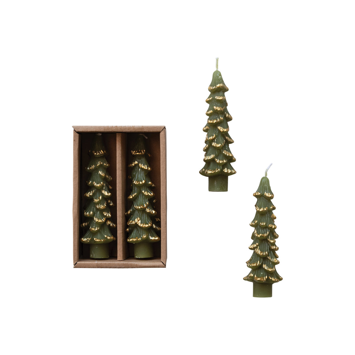 Tree Shaped Taper Candles w/ Gold Tips in Box  Set of 2