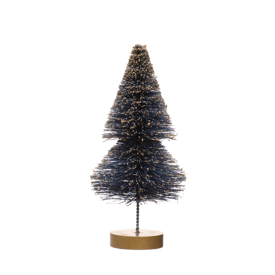 Sisal Bottle Brush Tree with Gold Glitter & Wood Base Blue