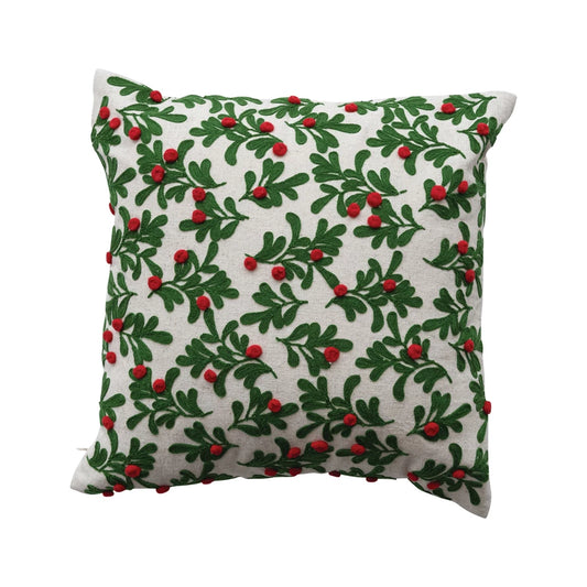 Embroidered Mistletoe Pattern 16" Square Cotton & Linen Pillow