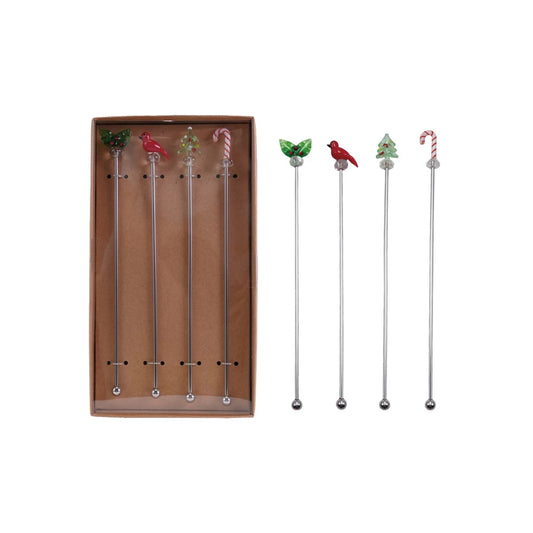 Cocktail Stirrers with Hand-Blown Glass Icons Boxed Set of 4