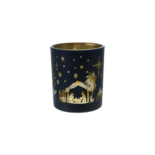 Glass Tealight Votive Holder with Laser Etched Nativity Scene