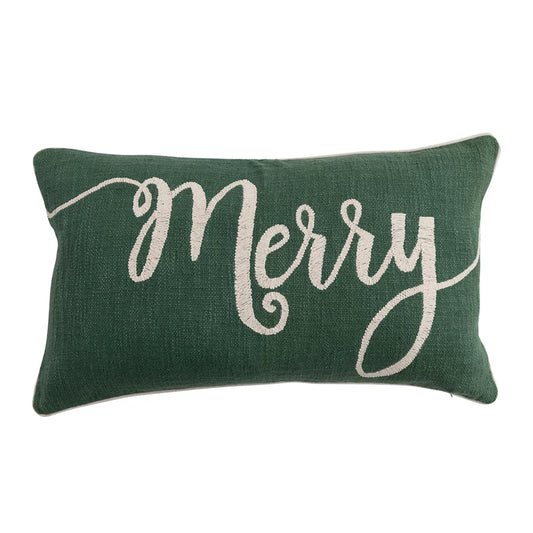 Cotton Slub Lumbar Pillow with Embroidered "Merry"