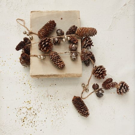 Pinecone Garland with Seed Pods & Glitter, Natural & Gold Color