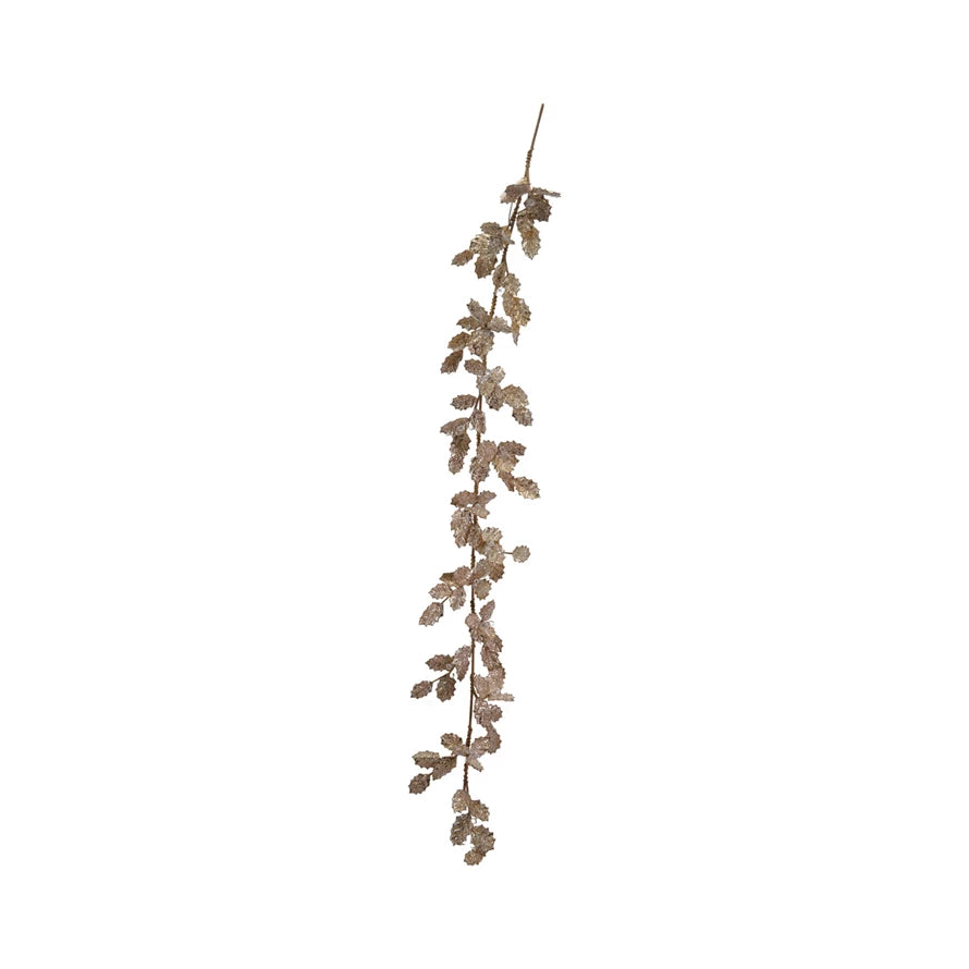 Fabric Leaf Garland with Beads & Glitter, Gold Color & Ice Finish