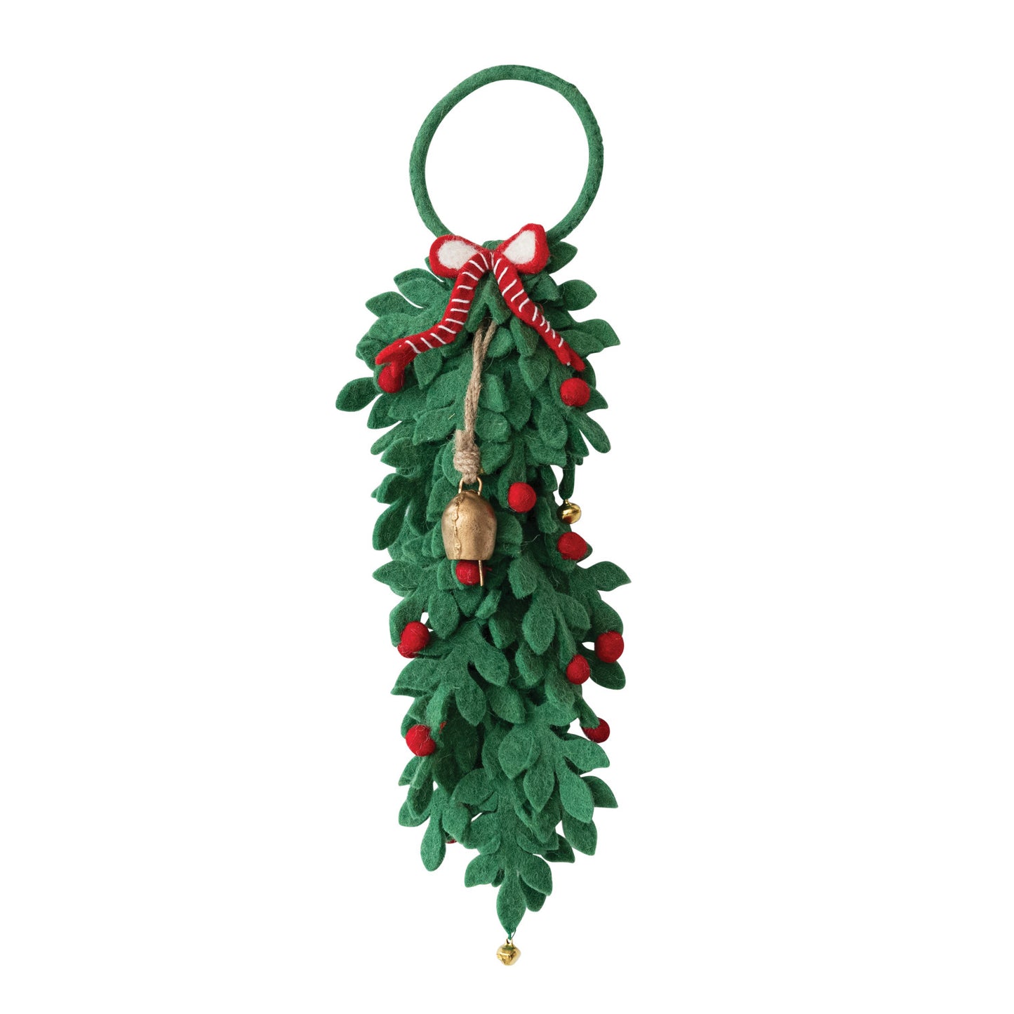 Wool Felt Leaves & Berries Door Hanger with Striped Bow & Jingle Bells, Green, Red