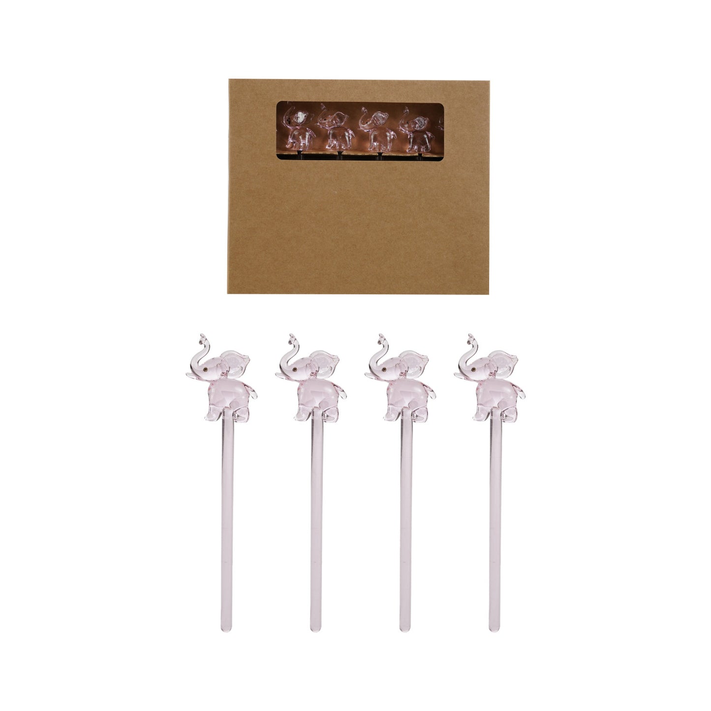 Glass Cocktail Stirrers with Pink Elephants, Boxed Set of 6