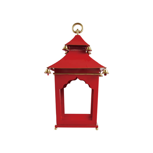 Metal Lantern with Bells & Handle, Red & Gold Finish
