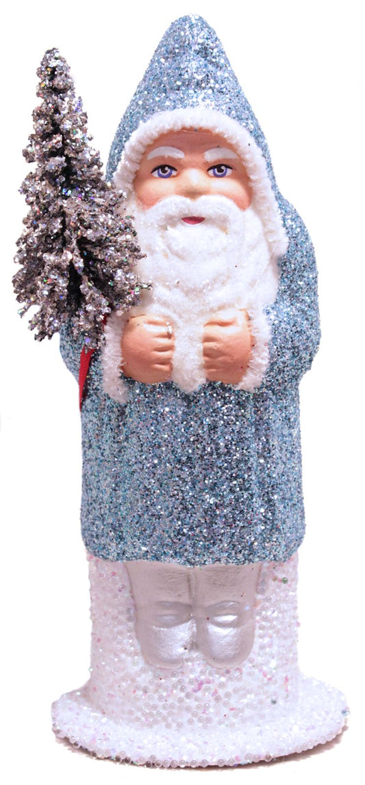Santa in Ice Blue Glitter Coat with Silver Tree